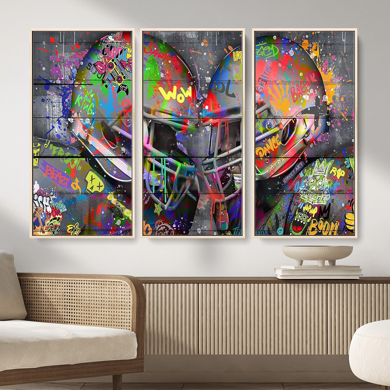 15309853-MGV-CV-36X24 - Graffiti Football Helmets Wall Art Canvas Print, Urban Street Art Sports Decor, Colorful American Football Graffiti Artwork