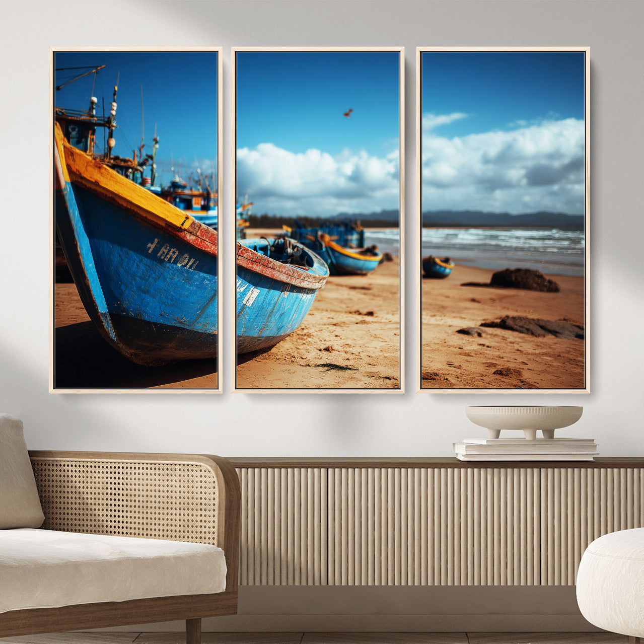 70925201-MGV-CV-36X24 - Fishing Boats Wall Art Canvas Print, Coastal Boat Beach Scene, Nautical Seaside Artwork, Ocean Shore Decor, Coastal Home Wall Art