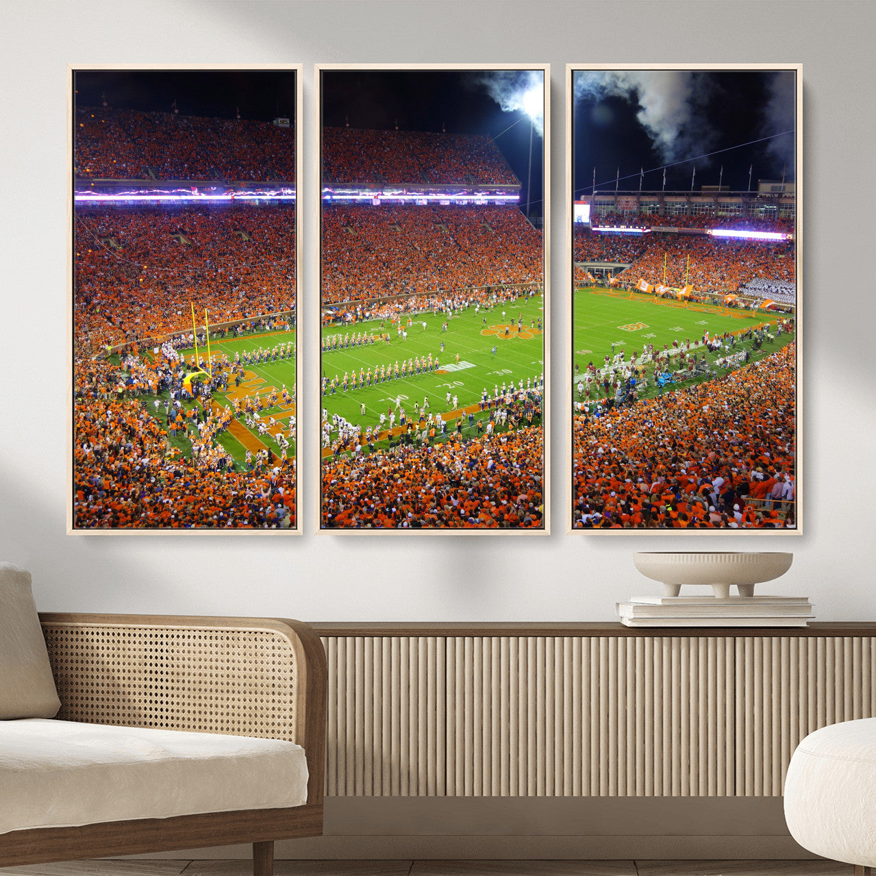 43662631-MGV-CV-36X24 - Clemson Football Stadium Wall Art Canvas Print, College Football Crowd Night Game Scene, Orange Stadium Panorama Wall Decor