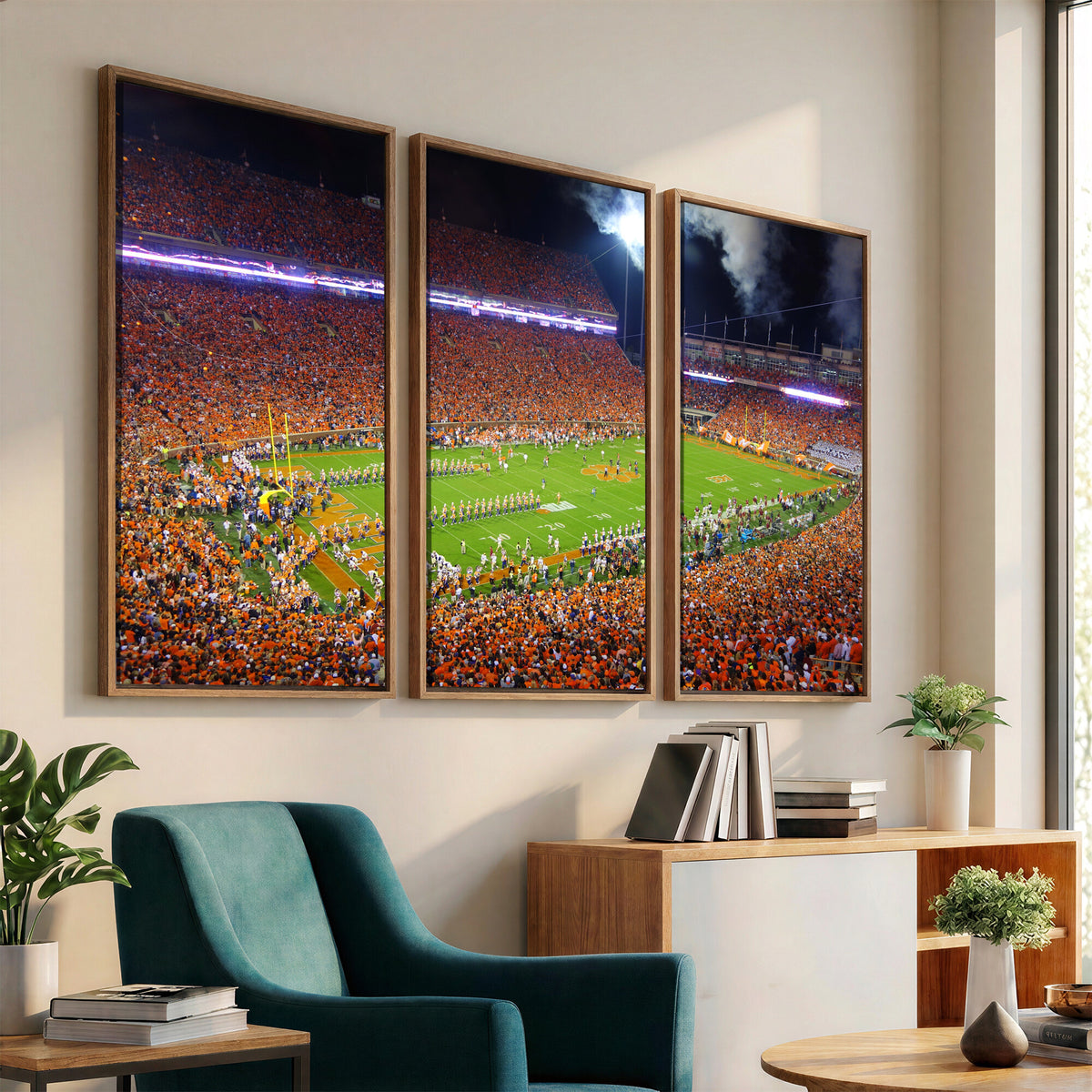 43662631-MGV-CV-36X24 - Clemson Football Stadium Wall Art Canvas Print, College Football Crowd Night Game Scene, Orange Stadium Panorama Wall Decor