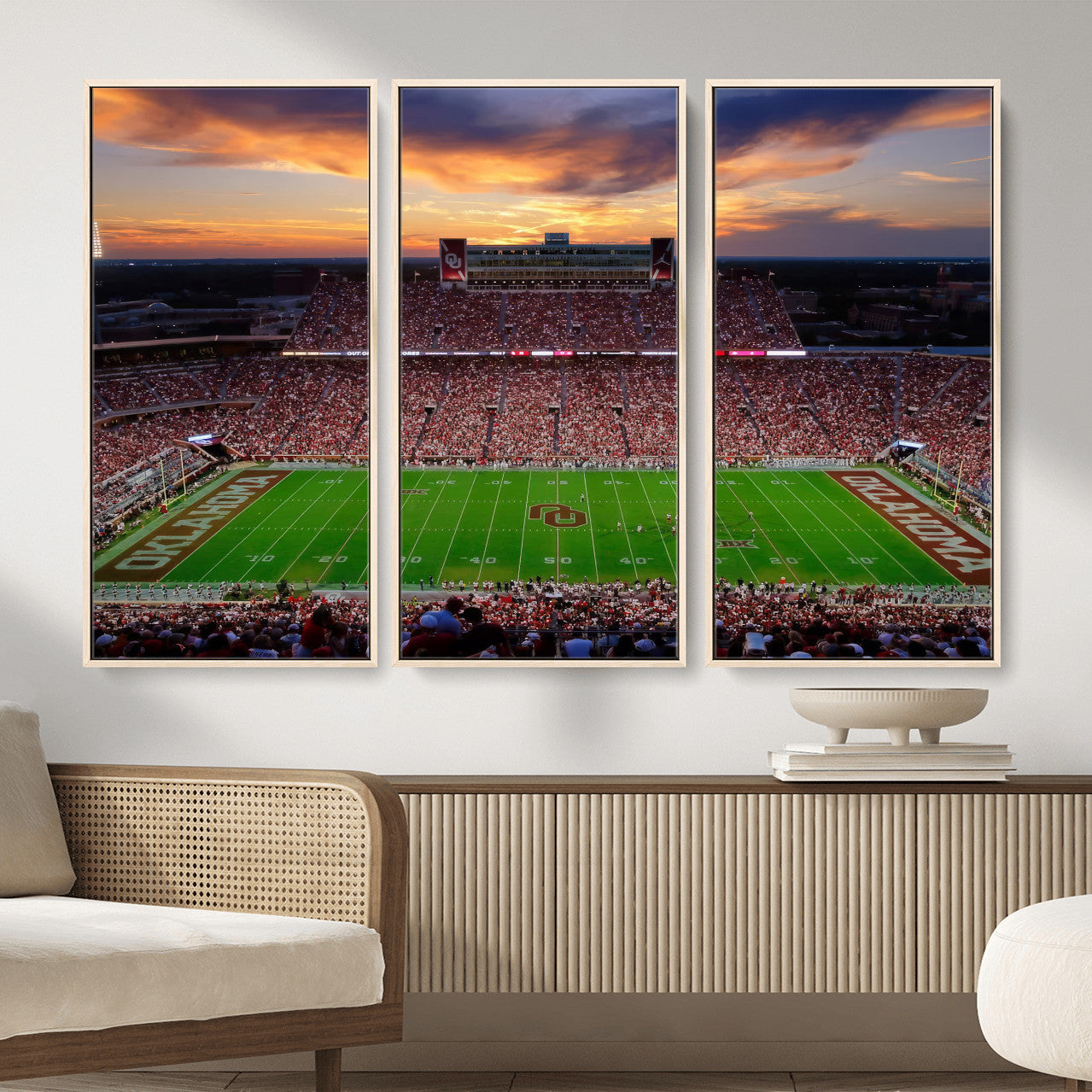 51457497-MGV-CV-36X24 - Oklahoma Sooners Stadium Wall Art Canvas Print, College Football Sunset Game Scene, OU Football Field Panorama Wall Decor