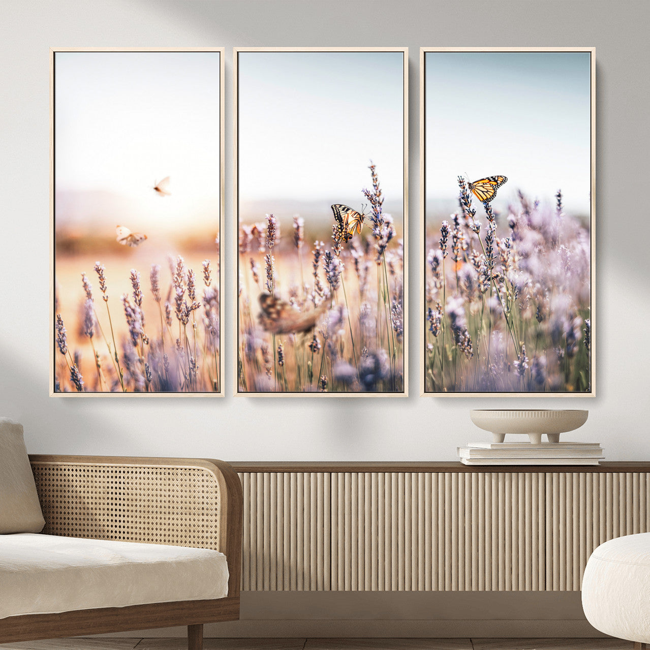 46417478-MGV-CV-36X24 - Lavender Field Wall Art Canvas Print, Butterfly Floral Landscape Art, Soft Nature Wall Decor for Bedroom