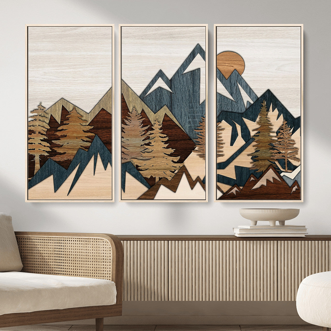 61833055-MGV-CV-36X24 - Mountain Forest Wall Art Canvas Print, Layered Wood Landscape Artwork, Rustic Nature Wall Decor for Living Room