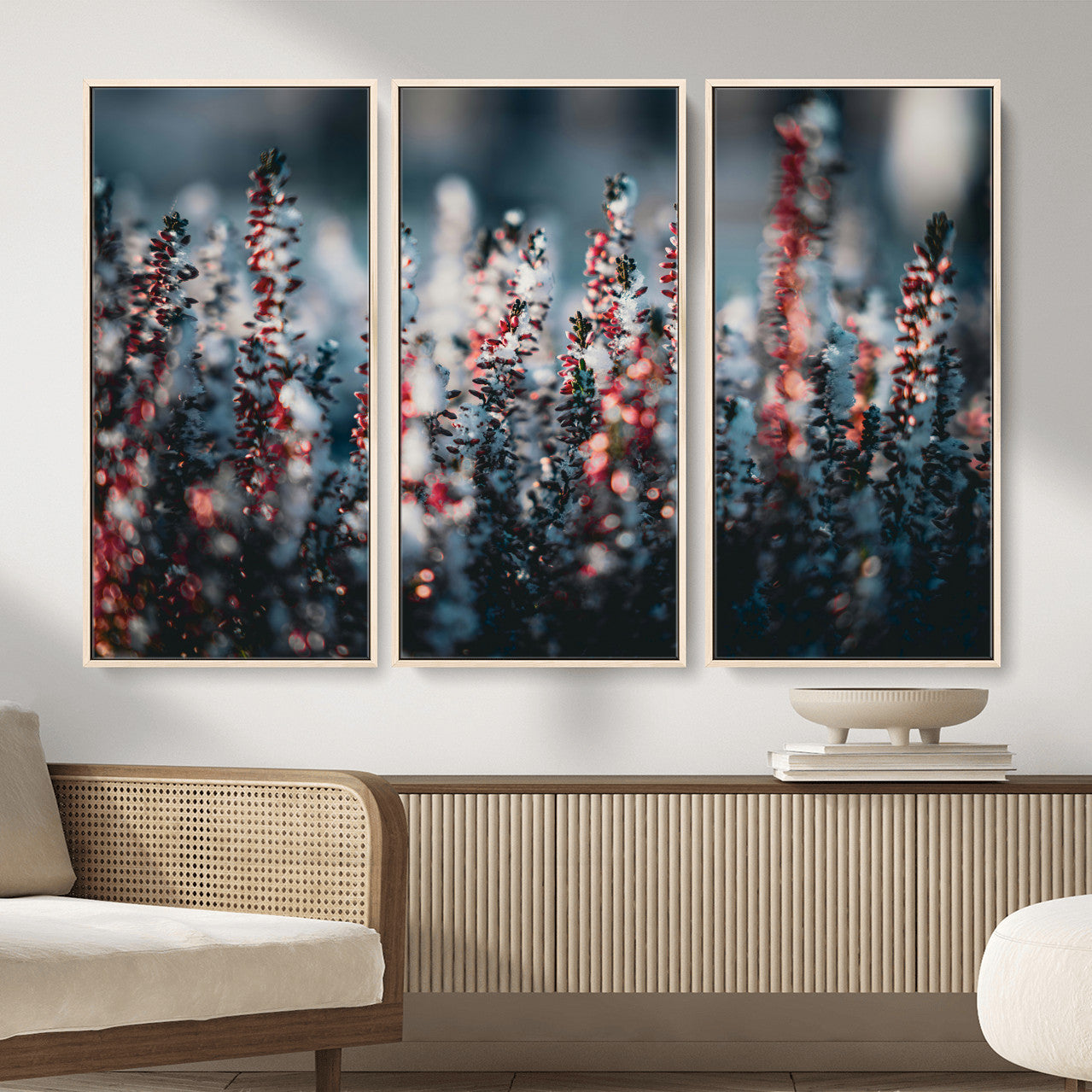 82063935-MGV-CV-36X24 - Winter Heather Wall Art Canvas Print, Frosted Floral Nature Art, Moody Botanical Wall Decor