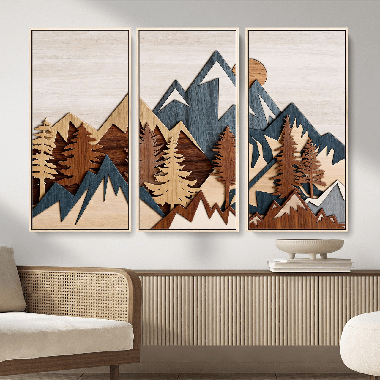39888898-MGV-CV-36X24 - Layered Wooden Mountain Wall Art Canvas Print, Modern Rustic Forest and Pine Landscape Wall Decor