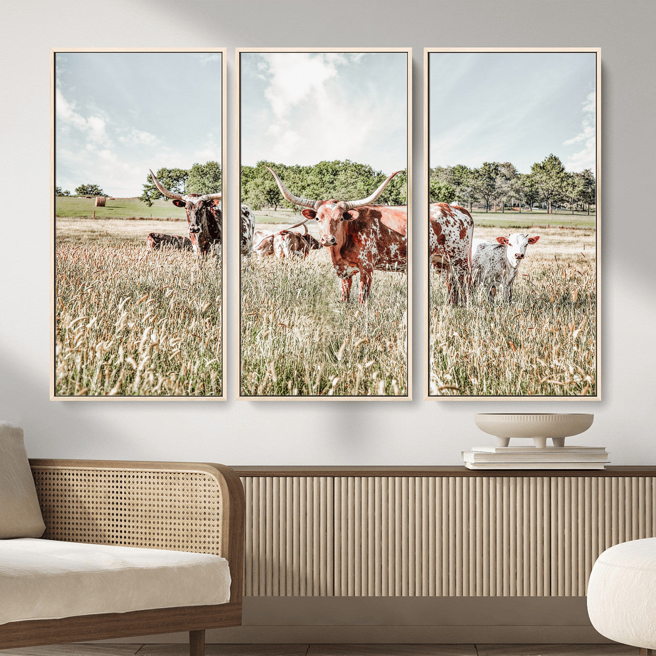 33963645-MGV-CV-36X24 - Texas Longhorn Cattle Wall Art Canvas Print, Western Ranch Landscape Nature Wall Decor for Living Room and Office