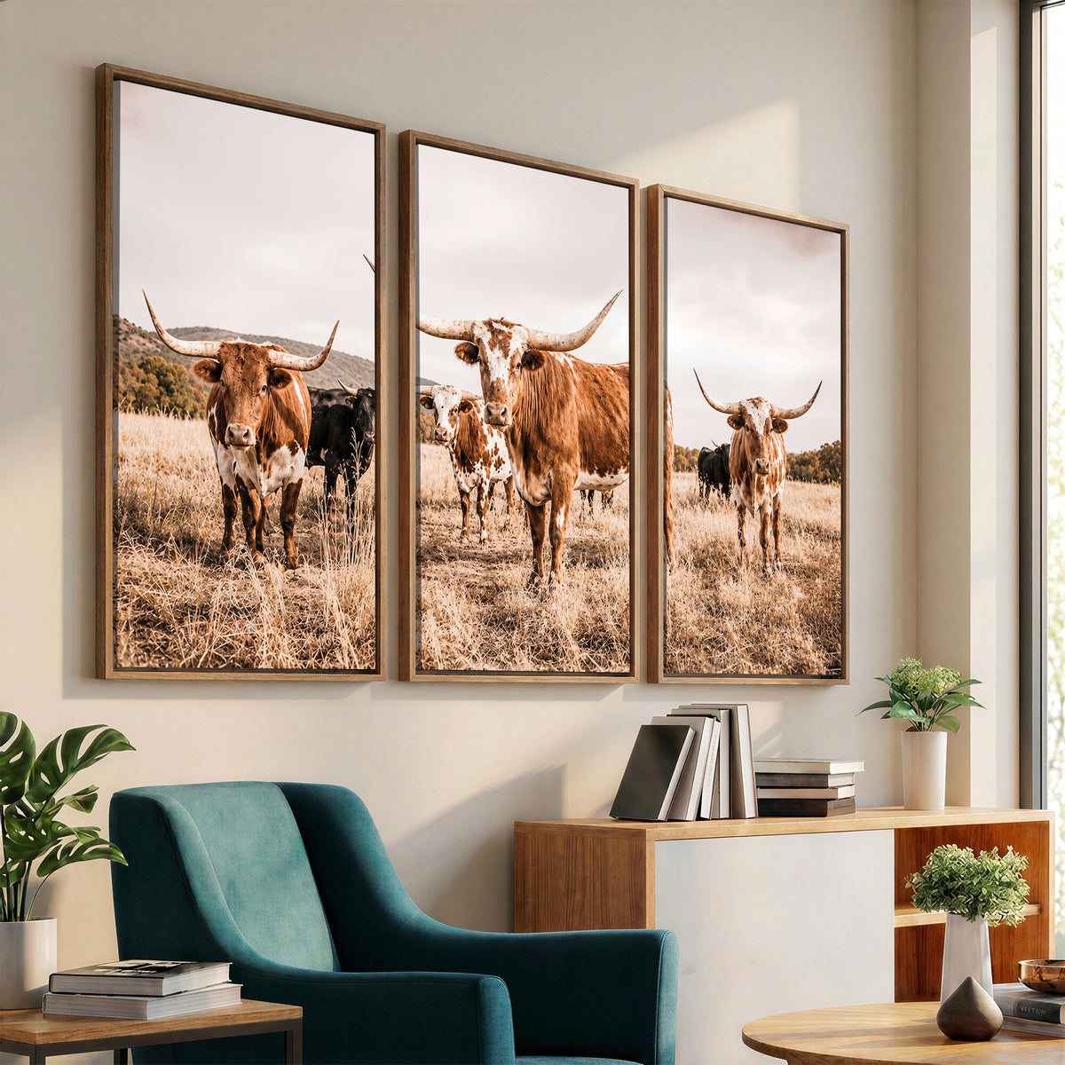 27539727-MGV-CV-36X24 - Texas Longhorn Cattle Wall Art Canvas Print, Sepia Western Decor