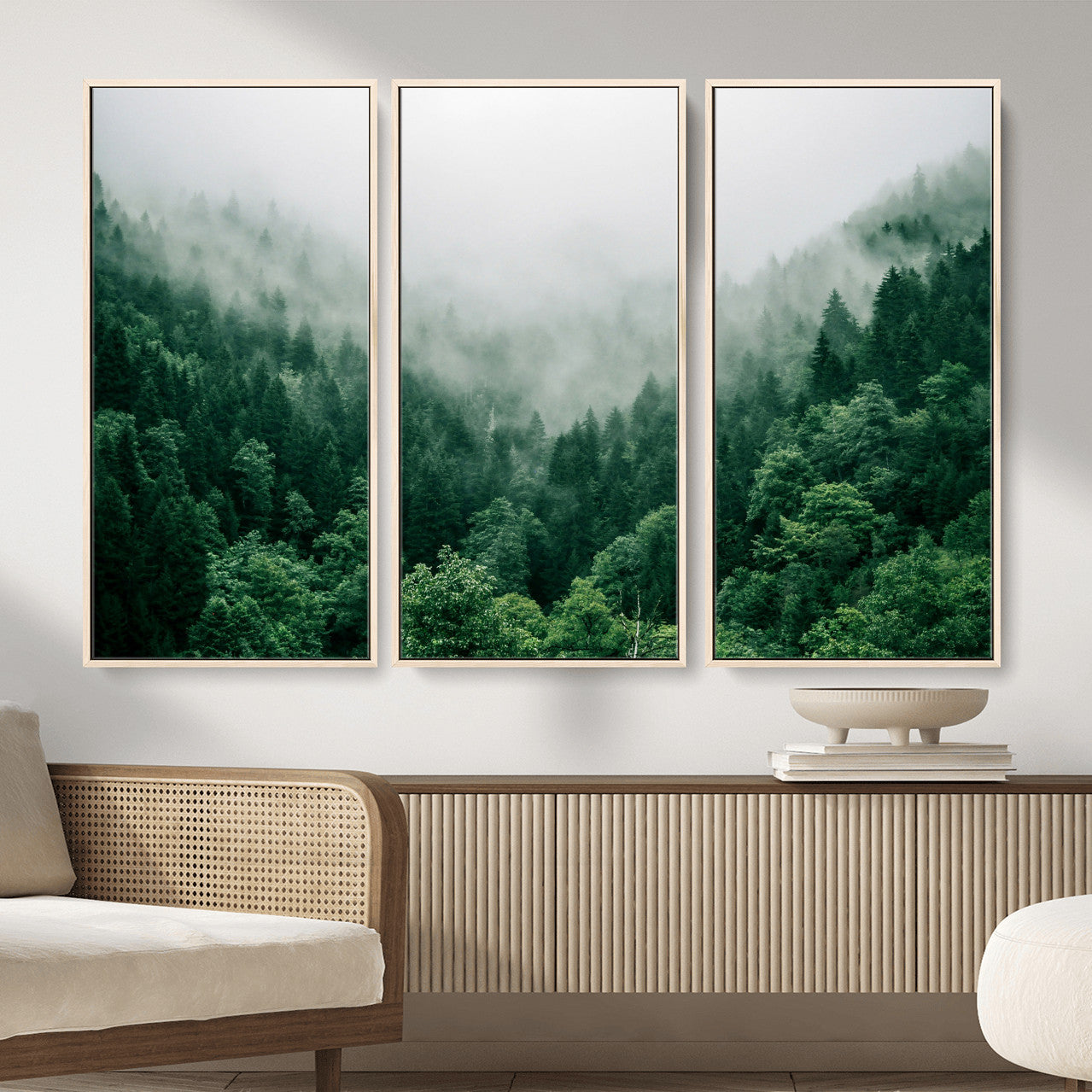 61640815-MGV-CV-36X24 - Misty Pine Forest Wall Art Canvas Print, Foggy Evergreen Landscape Wall Decor, Moody Green Nature Artwork, Minimal Forest Canvas Wall Art, Framed Canvas Wall Art Ready to Hang