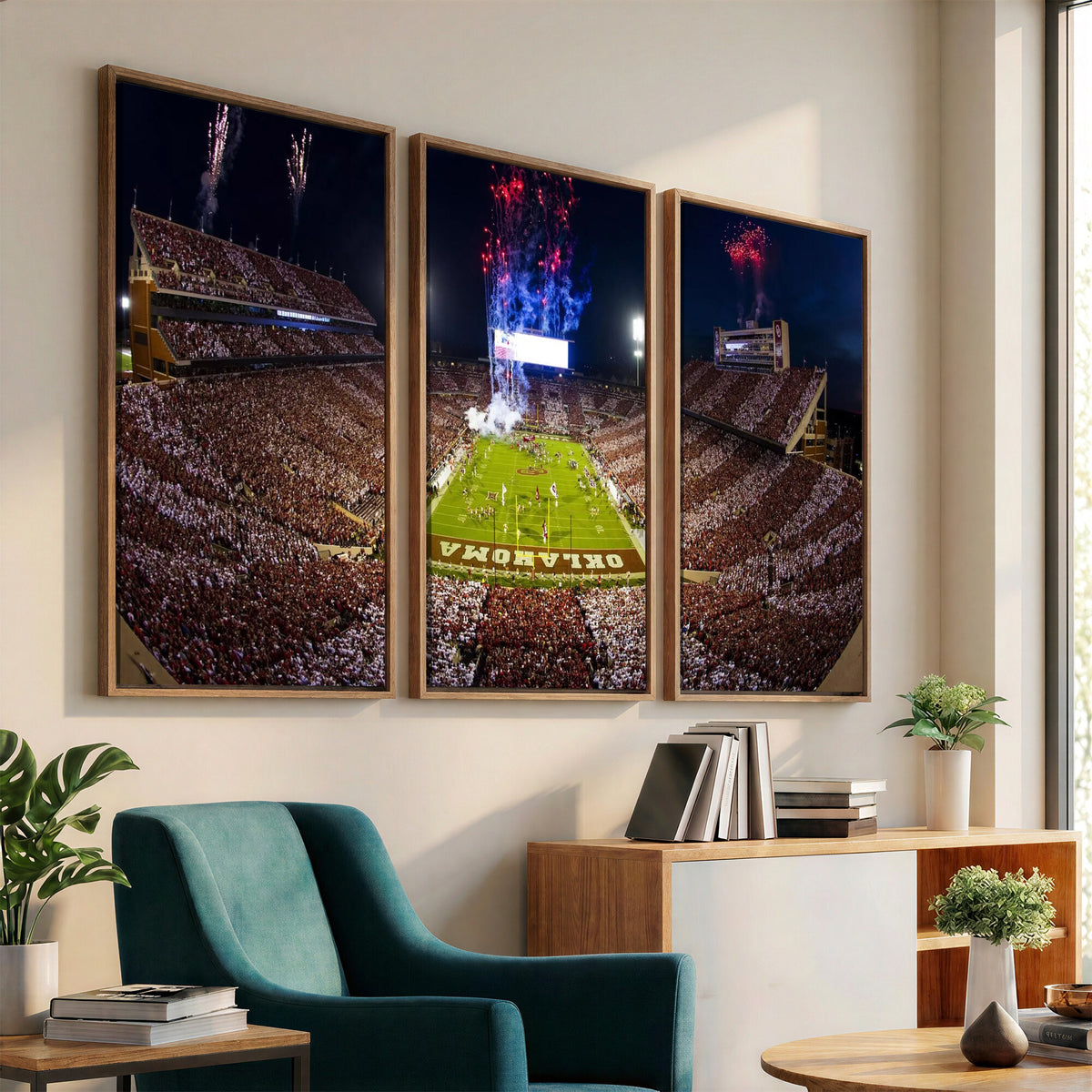 43197777-MGV-CV-36X24 - Oklahoma Memorial Stadium Wall Art Canvas Print – Oklahoma Sooners Football Artwork for Home, Office, and Sports Room Decor