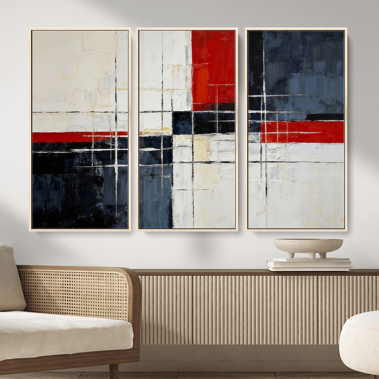 44088165-MGV-CV-36X24 - Navy Red Abstract Wall Art Canvas Print, Modern Luxury Geometric Painting Wall Decor for Living Room and Office