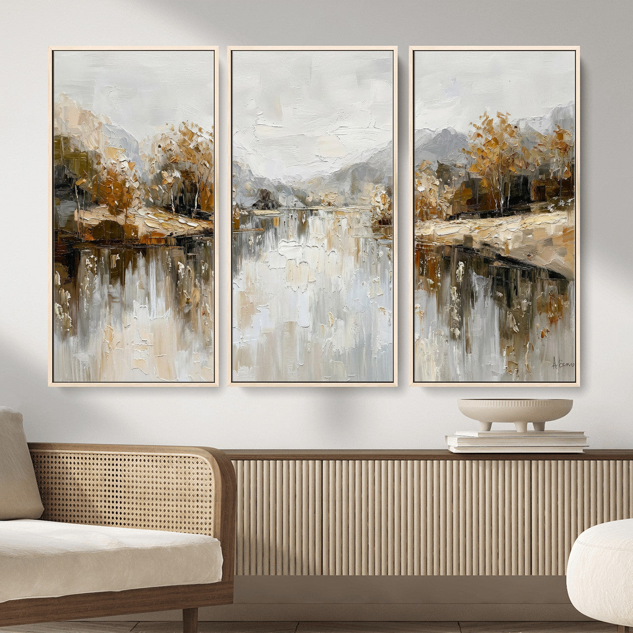 78227690-MGV-CV-36X24 - Neutral Abstract Lake Landscape Wall Art Canvas Print, Modern Minimal River Reflection Canvas Print, Beige Gray Contemporary Nature Art Printing