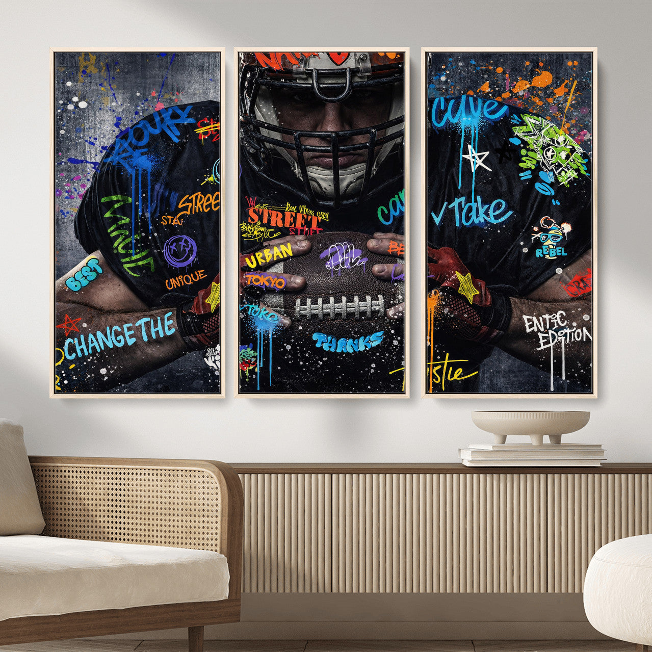 55267256-MGV-CV-36X24 - Graffiti American Football Player Street Art Wall Art Canvas Print, Urban Sports Pop Art Football Canvas Print, Modern Athletic Graffiti Contemporary Art Printing