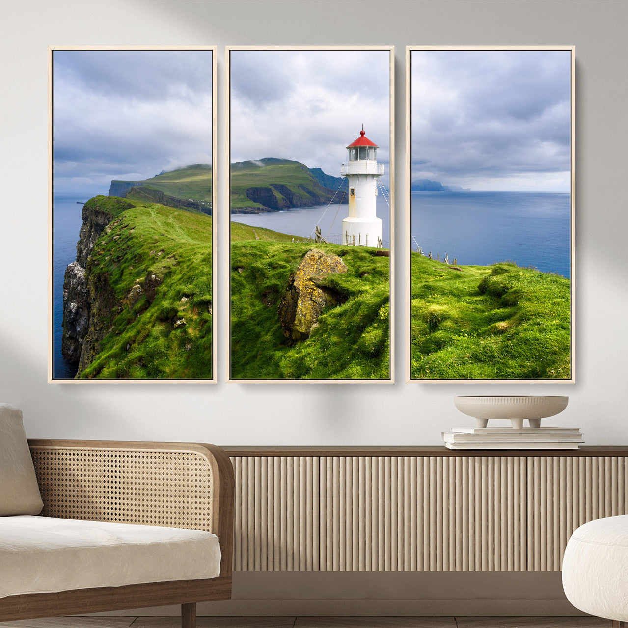 10680390-MGV-CV-36X24 - Coastal Lighthouse Wall Art Canvas Print, Cliffside Ocean Landscape Canvas Print, Scandinavian Coastal Decor for Living Room