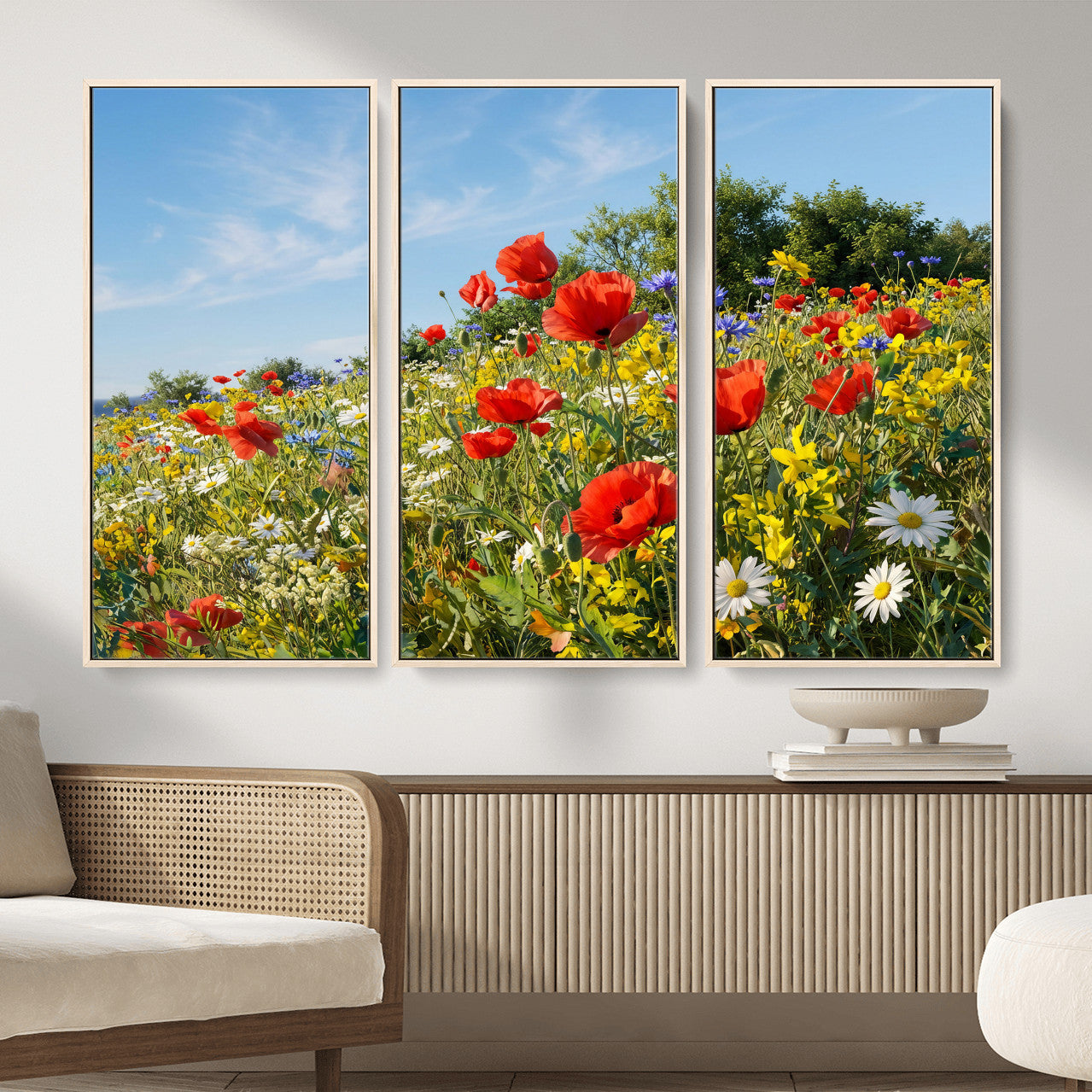 38570784-MGV-CV-36X24 - Wildflower Meadow Wall Art Canvas Print – Colorful Poppy and Daisy Field Landscape Artwork for Living Room Decor