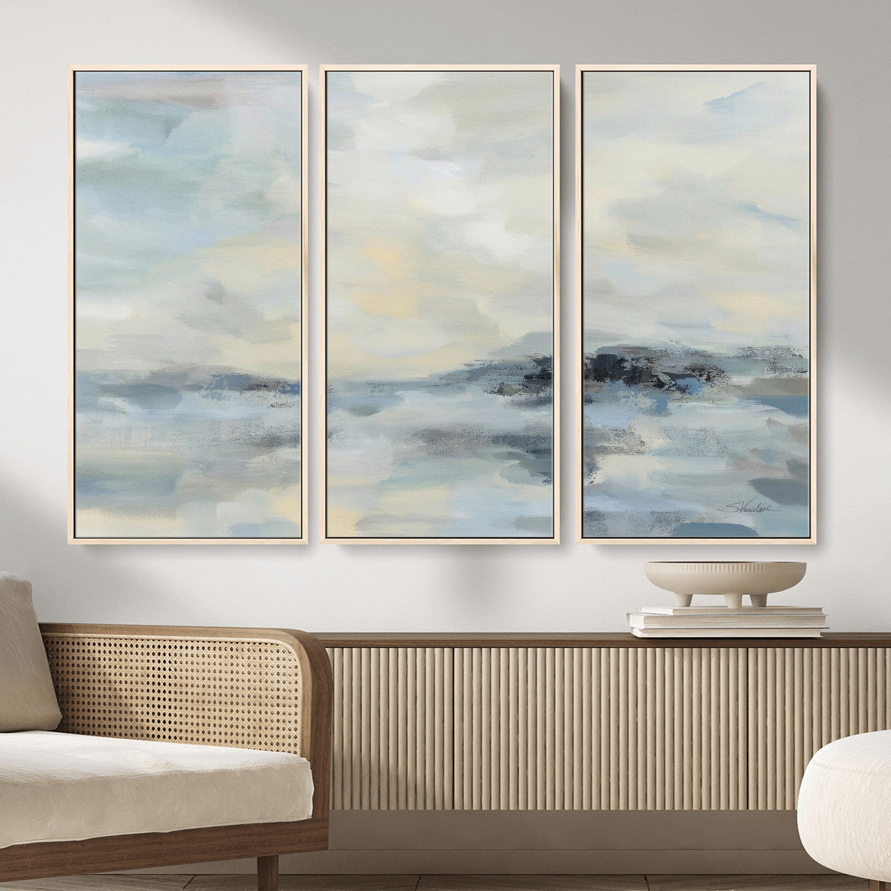 24647355-MGV-CV-36X24 - Abstract Coastal Landscape Wall Art Canvas Print – Soft Blue Gray Minimalist Painting