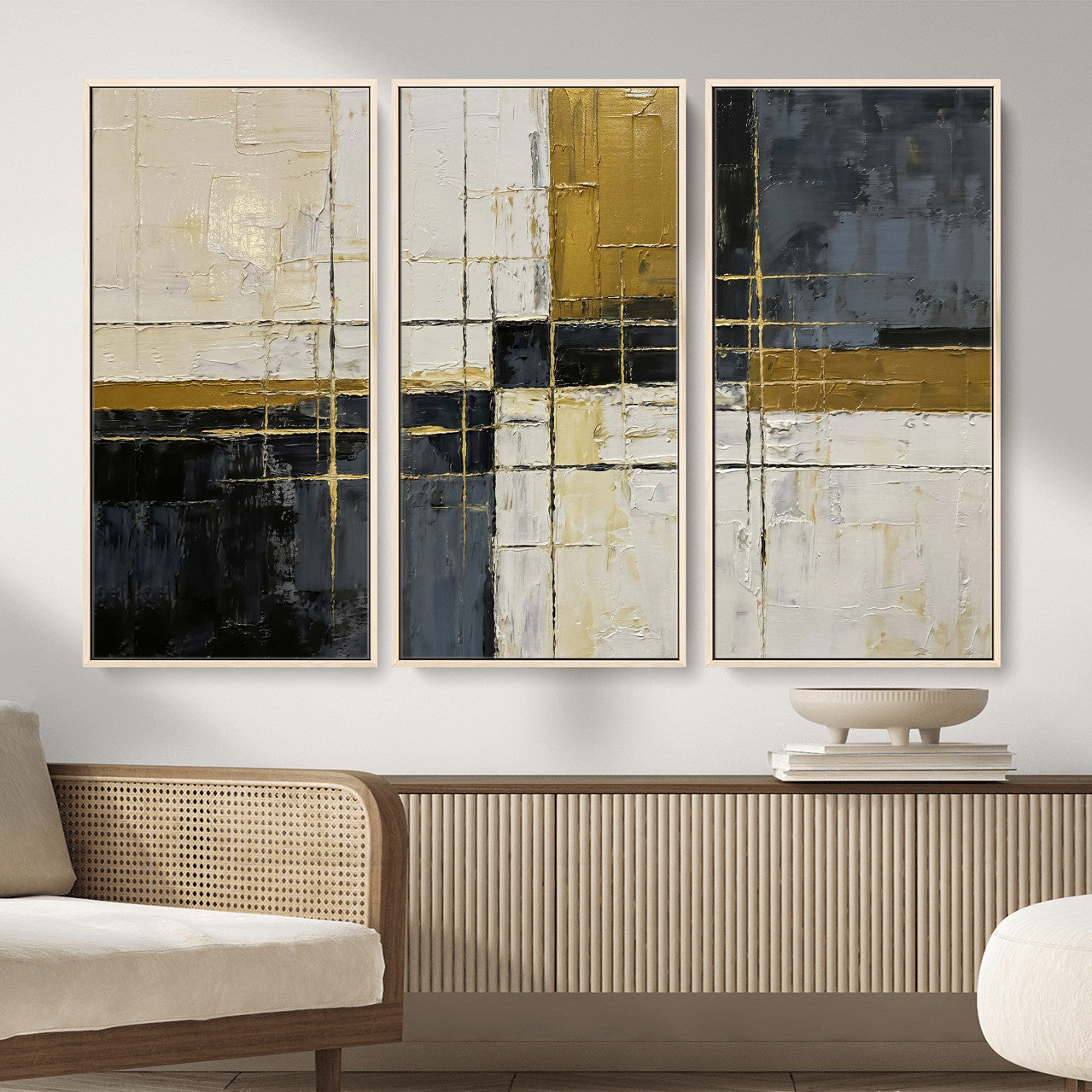 36097945-MGV-CV-36X24 - Abstract Gold and Black Wall Art Canvas Print – Modern Geometric Neutral Artwork for Living Room Decor