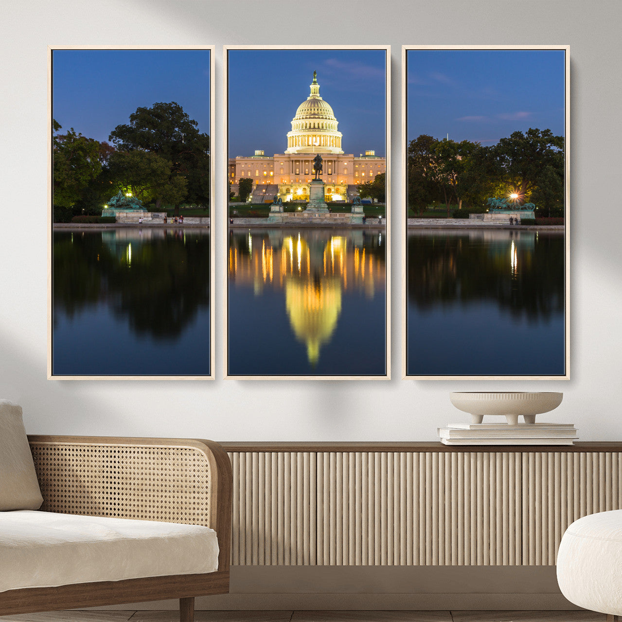 95568590-MGV-CV-36X24 - US Capitol Building Wall Art Canvas Print – Washington DC Landmark Night Reflection Artwork for Office Decor