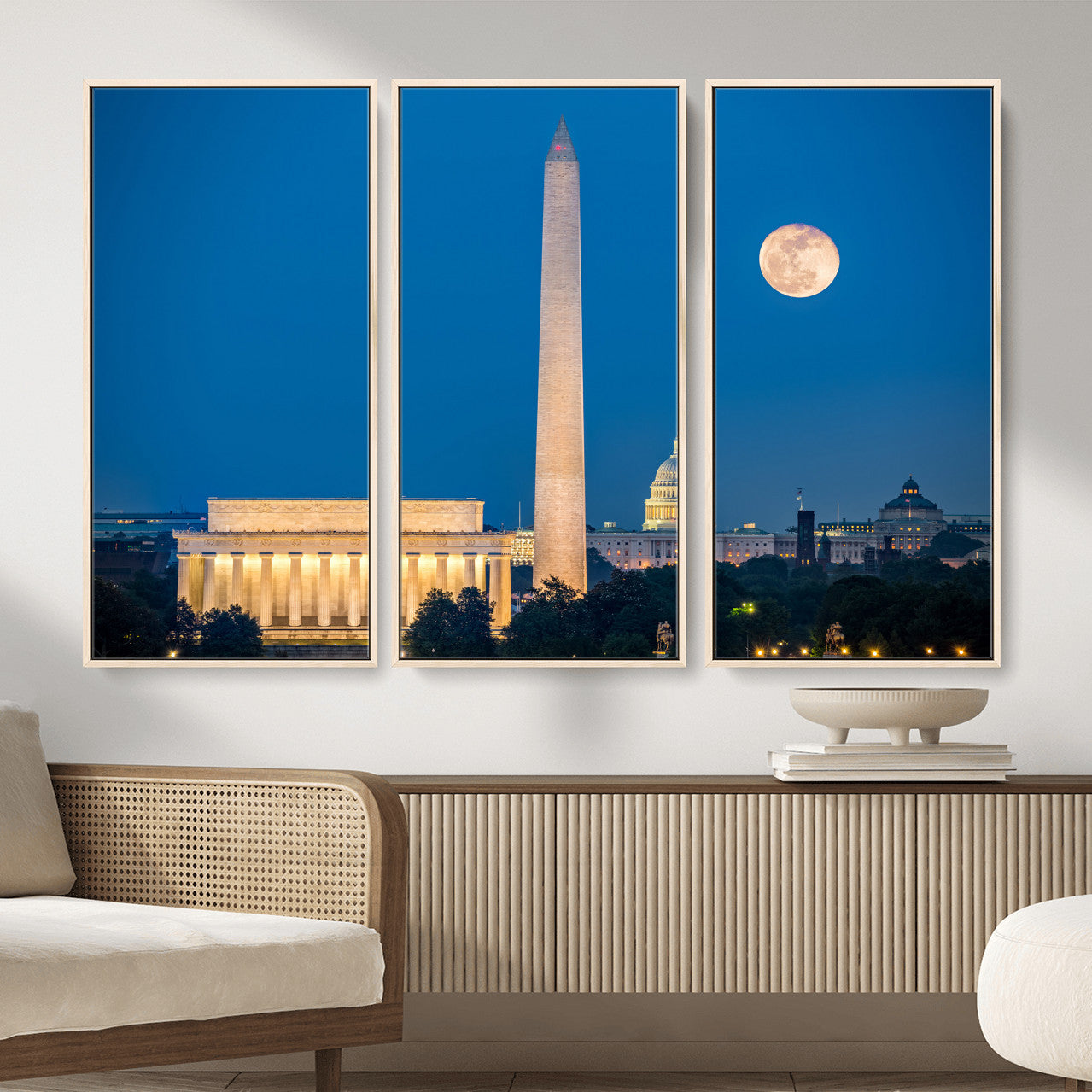 96712946-MGV-CV-36X24 - Washington DC Skyline Wall Art Canvas Print – Lincoln Memorial, Washington Monument and US Capitol Night Cityscape Artwork