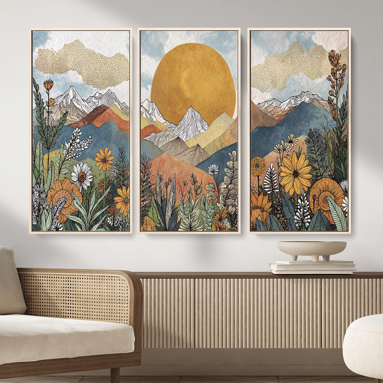 17540863-MGV-CV-36X24 - Boho Mountain Landscape Large Wall Art, Horizontal Gold Framed Canvas Print with Sun and Flowers