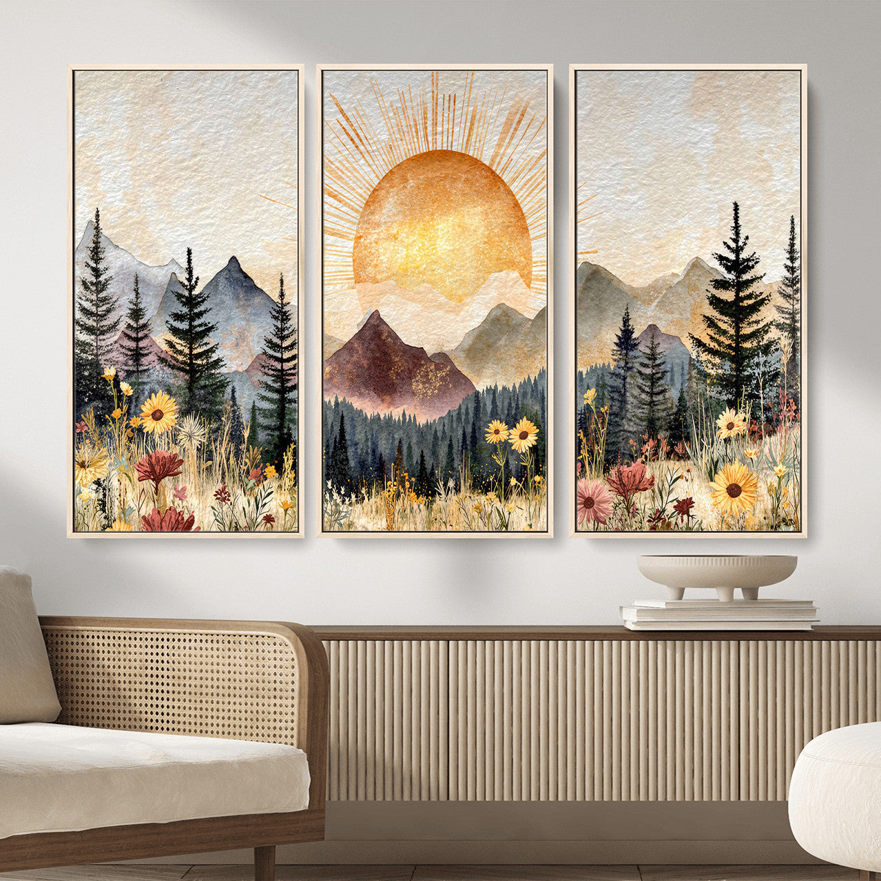 69025244-MGV-CV-36X24 - Boho Mountain Landscape Large Wall Art, Horizontal Gold Framed Canvas Print with Sun and Flowers