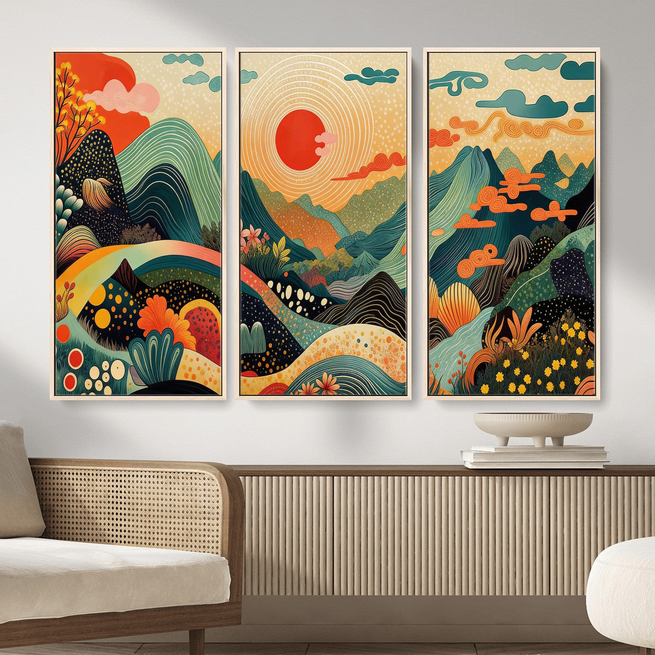 29927191-MGV-CV-36X24 - Yayoi Kusama Boho Mountain Landscape Large Wall Art, Horizontal Gold Framed Canvas Print with Sun and Flowers