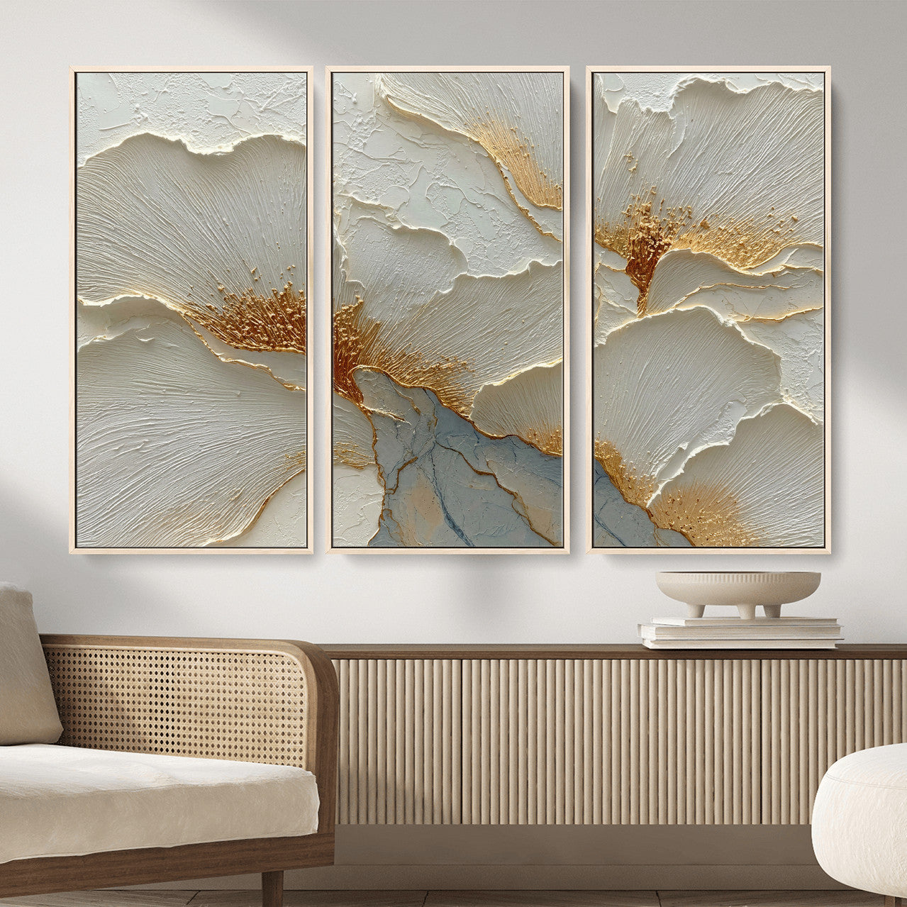 4712069F1-MGV-CV-36X24 - White Gold Floral Canvas Wall Art — Textured Flower Print | Luxury Botanical Decor | Elegant Bedroom Art | Gold Leaf Wall Art Gift
