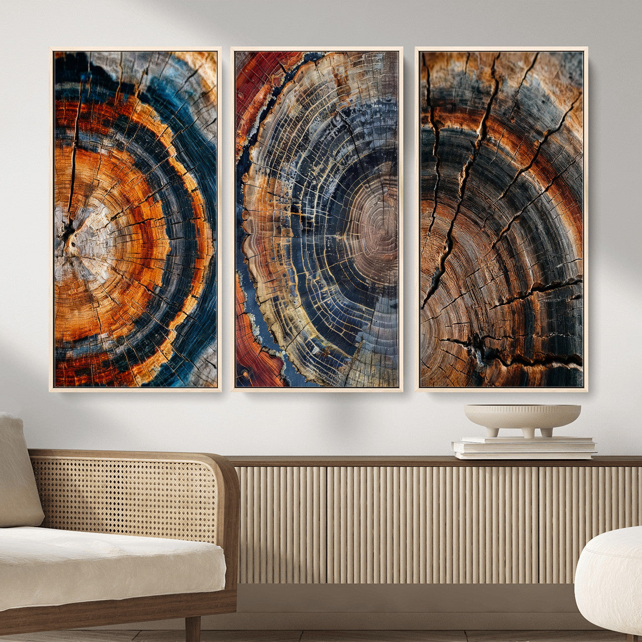 4712069W1-MGV-CV-48X32-3P - Tree Ring Triptych Canvas Wall Art — Set of 3 Wood Grain Print | Rustic Nature Decor | Earth Tone Wall Art | Unique Living Room Art Gift
