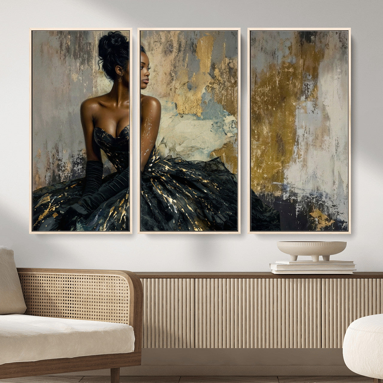 4712069Z1-MGV-CV-36X24 - Elegant Woman Canvas Wall Art — Black Gold Gown Fashion Print | Luxury Glam Wall Decor | African American Art | Bold Bedroom Wall Art Gift