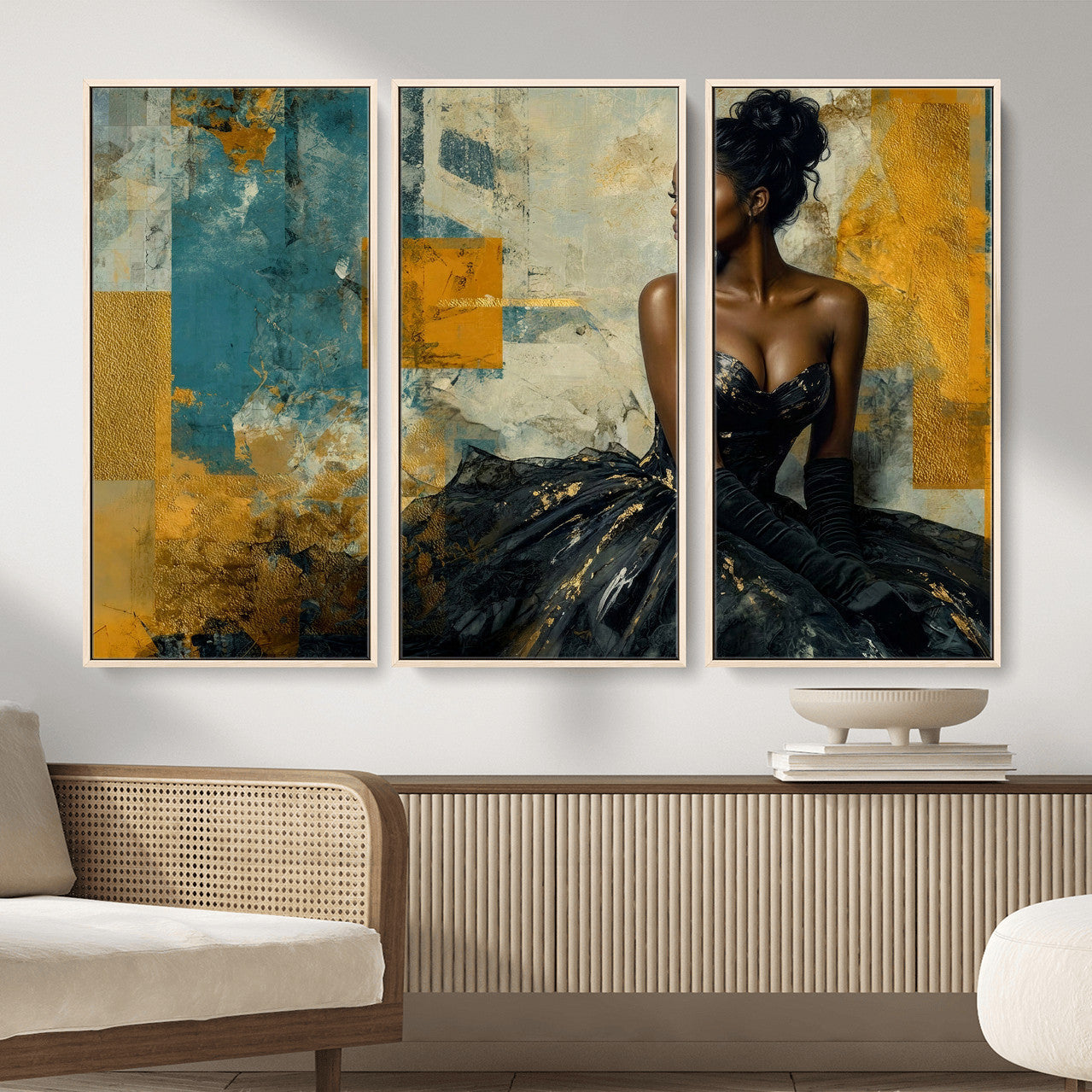 4712069Z21-MGV-CV-36X24 - Elegant Woman Canvas Wall Art — Black Gold Gown Fashion Print | Luxury Glam Wall Decor | African American Art | Bold Bedroom Wall Art Gift