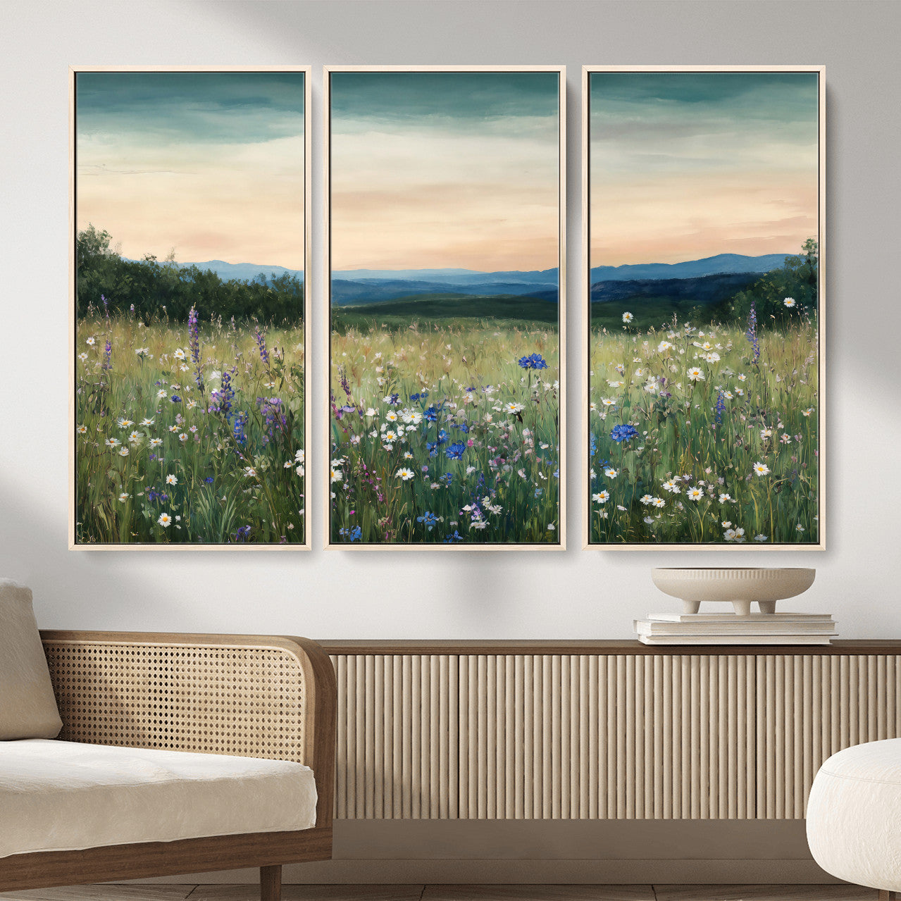 35773805-MGV-CV-36X24 - Wildflower Meadow Oil Painting Canvas Print - Daisy Lavender Mountain Sunset Print | Cottagecore Floral Wall Art - Bedroom Decor Gift for Her