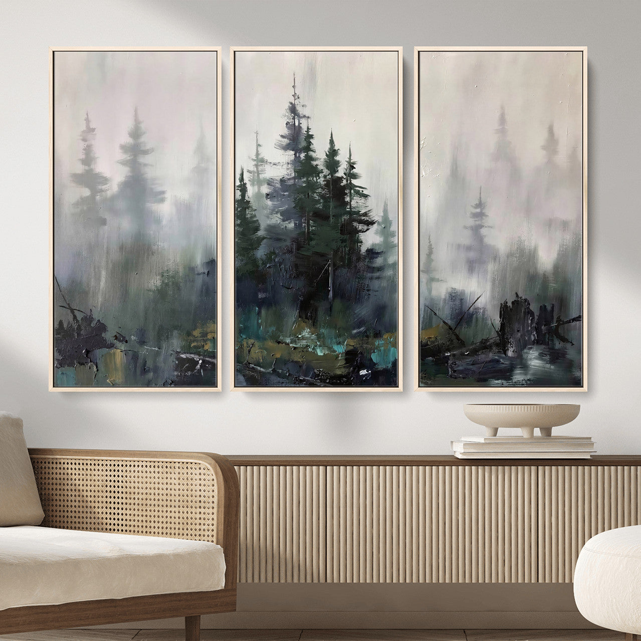 94143325-MGV-CV-36X24 - Misty Pine Forest Oil Painting Canvas — Dark Moody Teal Grey Tree Print | Japandi Scandinavian Wall Art | Minimalist Nature Decor Gift