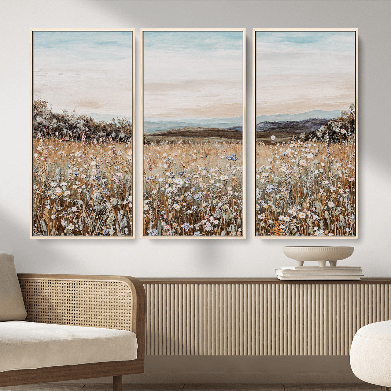 F35773805-MGV-CV-36X24 - Neutral Wildflower Field Canvas Wall Art — Beige Earth Tone Botanical Meadow Print | Farmhouse Boho Decor | Bedroom Living Room Gift Her