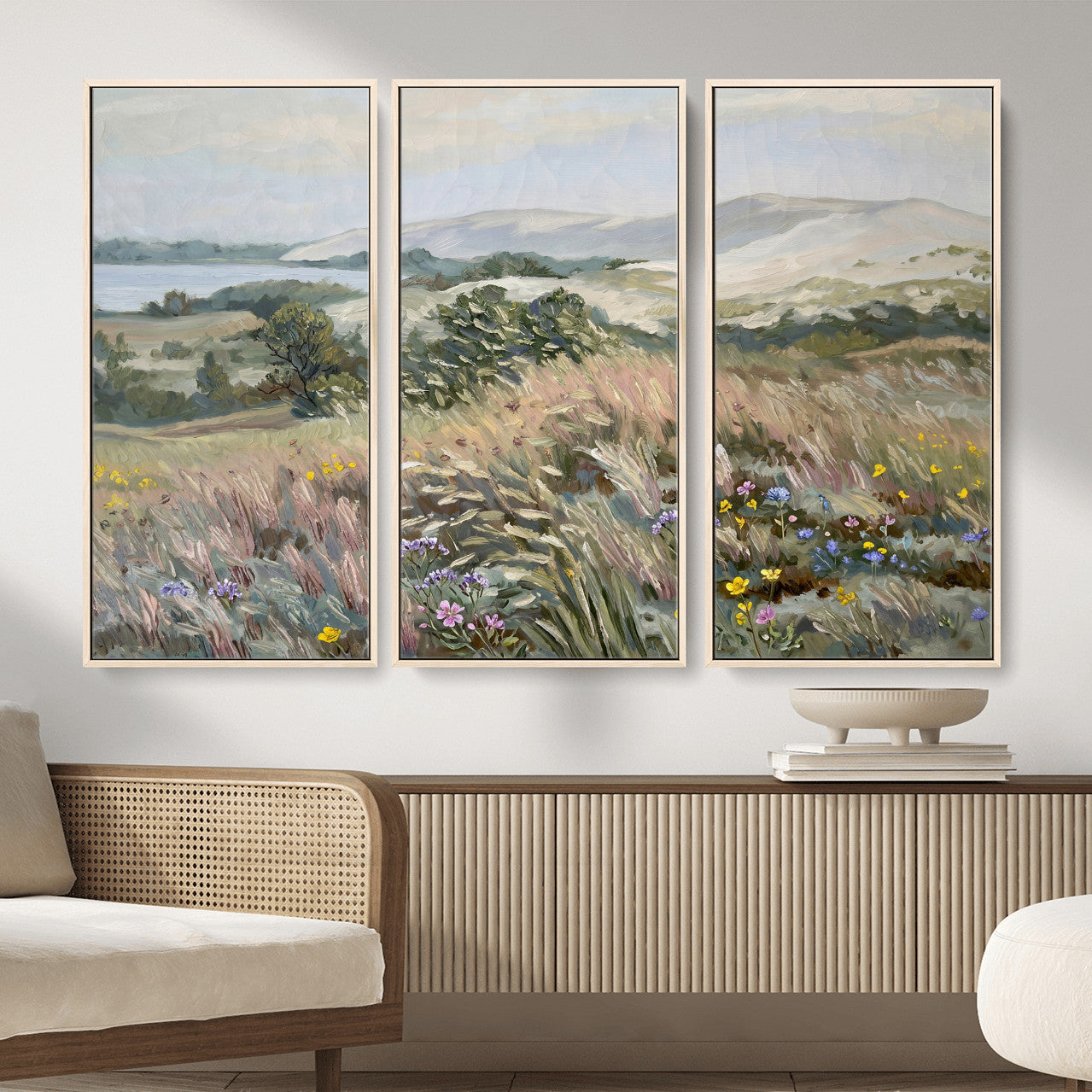 18013232-MGV-CV-36X24 - Katie Staples Hillside Canvas Wall Art — Coastal Wildflower Dune Oil Painting Print | Muted Green Nature Decor | Plein Air Landscape Gift