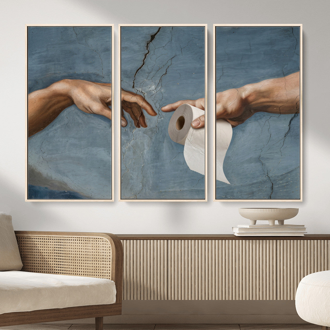 42648143-MGV-CV-36X24 - Funny Bathroom Canvas Wall Art, Michelangelo Creation of Adam Toilet Paper Parody, Renaissance Humor Print, Quirky Housewarming Gift, Toilet Room Decor