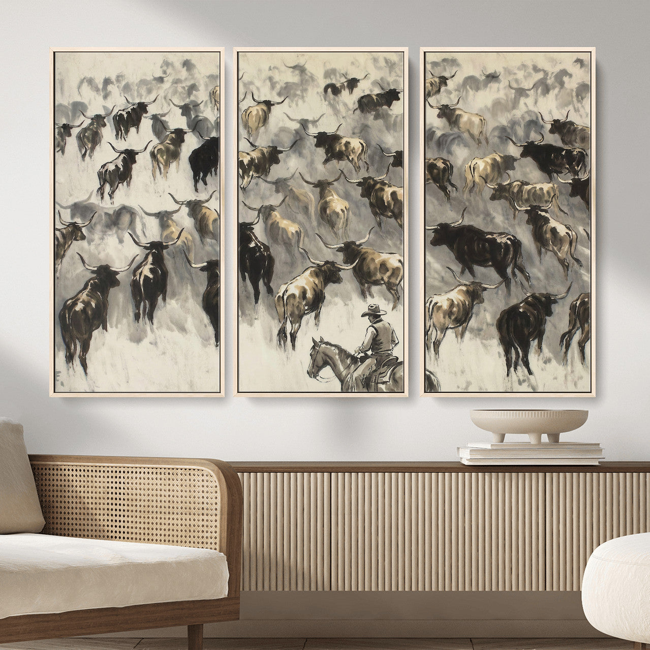 48049876-MGV-CV-36X24 - Cowboy Cattle Drive Canvas Wall Art, Western Longhorn Herd Ink Painting Print, Ranch Rodeo Decor, Black White Western Art, Large Living Room Art