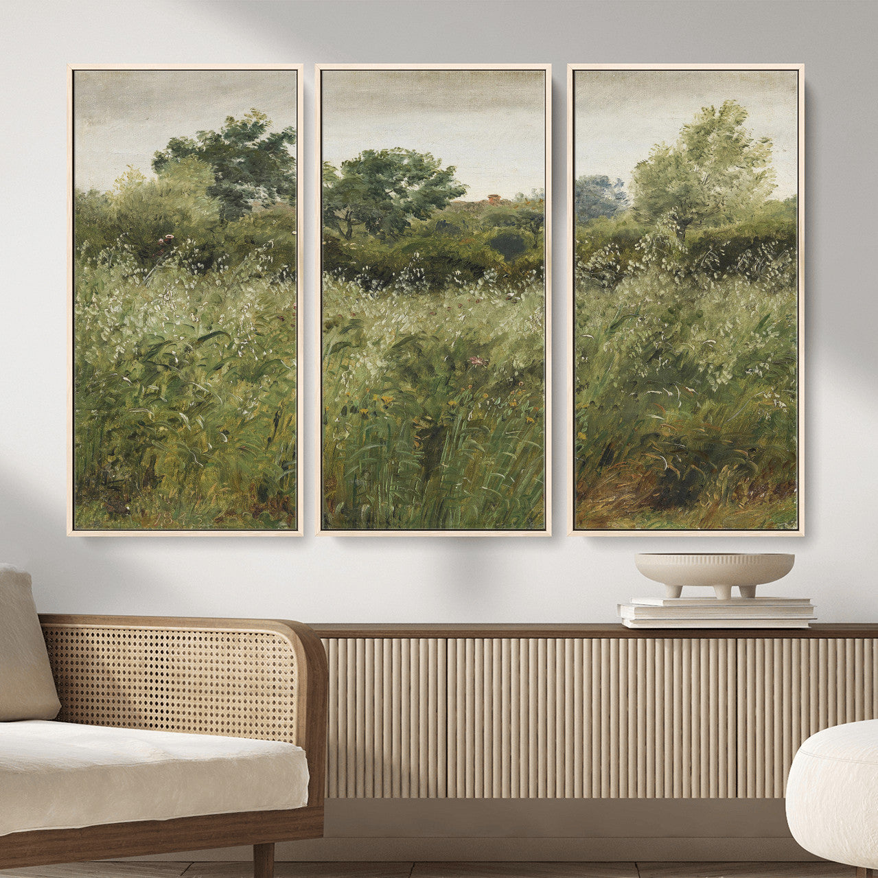 92328261-MGV-CV-36X24 - Wildflower Meadow Canvas Wall Art, Impressionist Overgrown Field Painting Print, Vintage Green Nature Decor, Cottagecore Botanical Art, Living Room Print