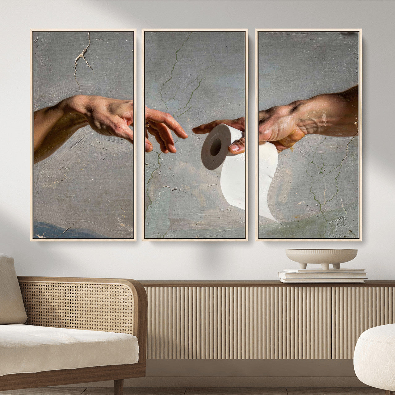 72030048-MGV-CV-36X24 - Funny Bathroom Wall Art Canvas, Creation of Toilet Paper Parody Print, Renaissance Humor Decor, Toilet Room Art, Quirky Housewarming Gift, Classic Art Spoof