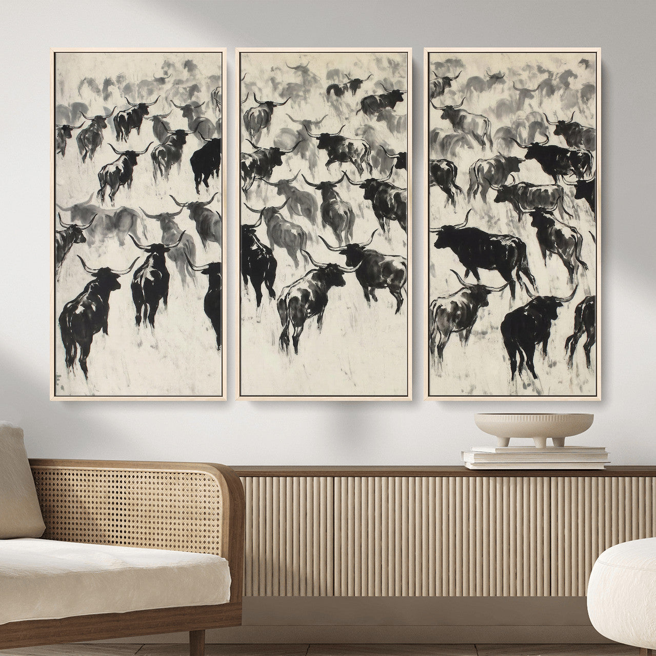 68669792-MGV-CV-36X24 - Longhorn Cattle Canvas Wall Art, Black White Stampede Ink Painting Print, Western Farmhouse Decor, Bull Herd Art, Large Living Room Wall Art, Ranch Home Decor