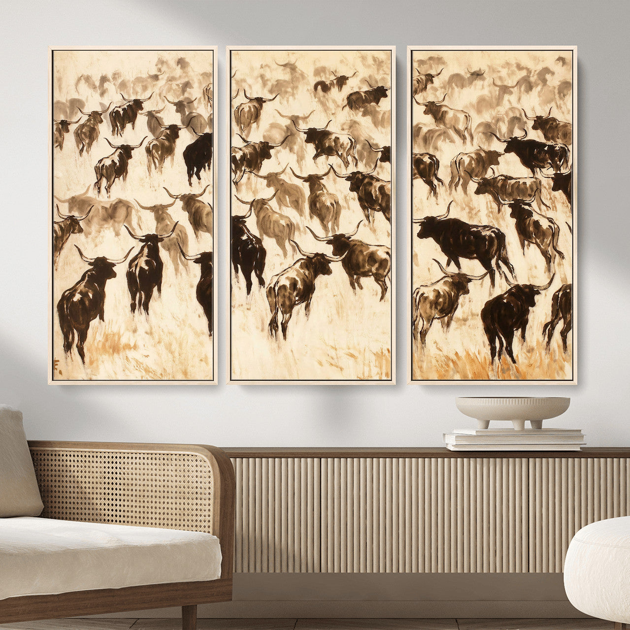 39077774-MGV-CV-36X24 - Texas Longhorn Sepia Canvas Wall Art, Western Cattle Stampede Painting Print, Warm Amber Ranch Decor, Rustic Cowboy Home Art, Large Living Room Decor