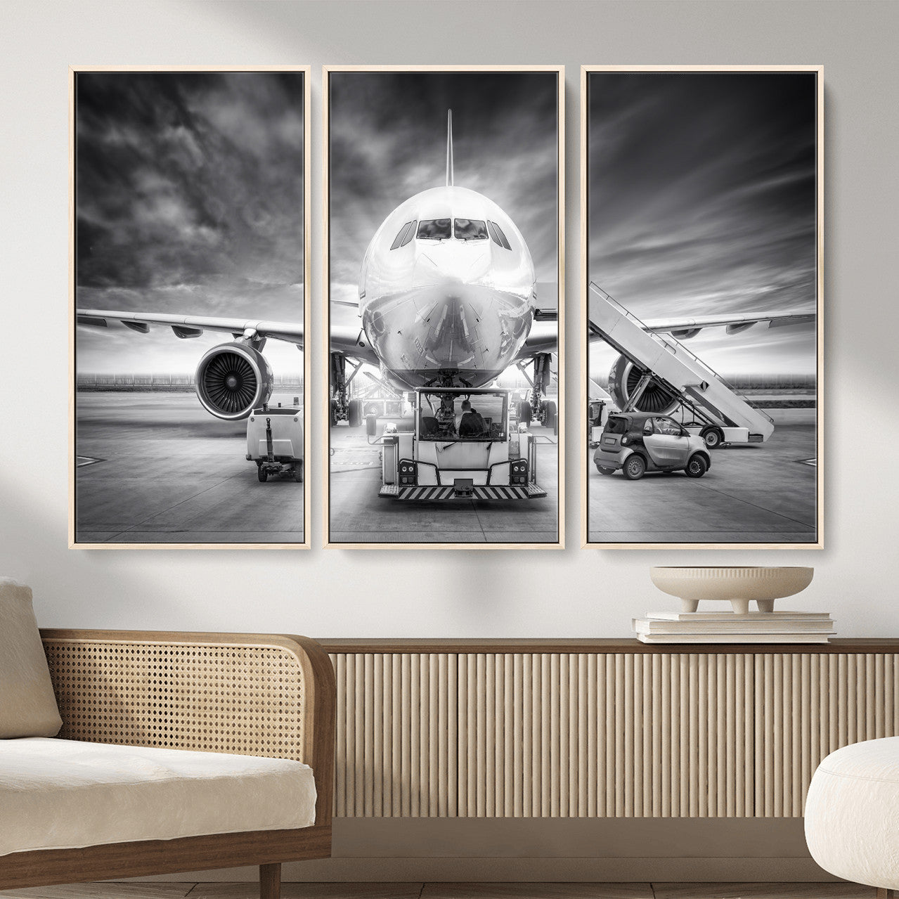 85885848-MGV-CV-36X24 - Airplane Wall Art Canvas Print, Black and White Jet Aircraft Airport Runway Framed Aviation Artwork for Pilot Office Hangar Travel Decor