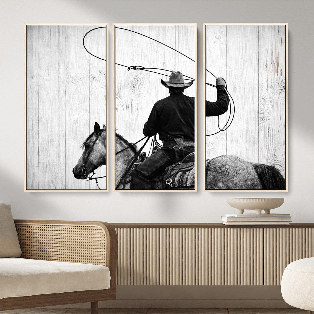 22569358-MGV-CV-36X24 - Cowboy Lasso Canvas Wall Art, Black White Western Horse Photo Print, Rustic Ranch Rodeo Decor, Farmhouse Western Art, Cowboy Gift for Him