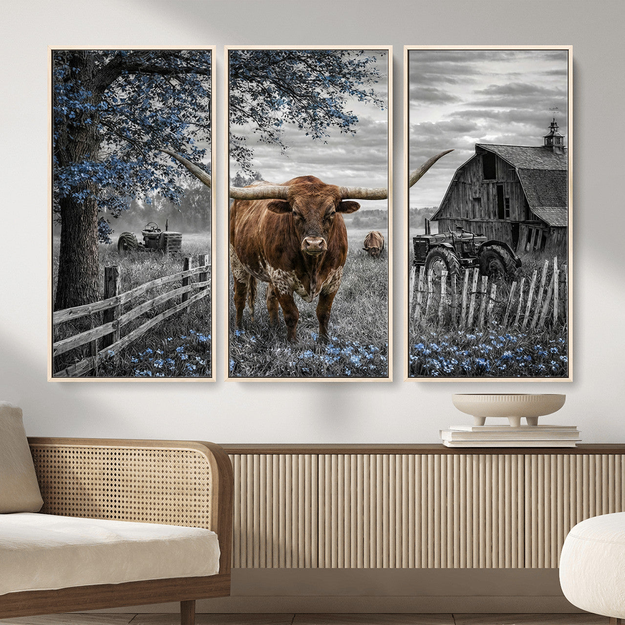 19366343-MGV-CV-36X24 - Texas Longhorn Canvas Wall Art, Rustic Farm Barn Bluebonnet Photography Print, Farmhouse Country Decor, Western Ranch Art, Old Truck Tractor Print