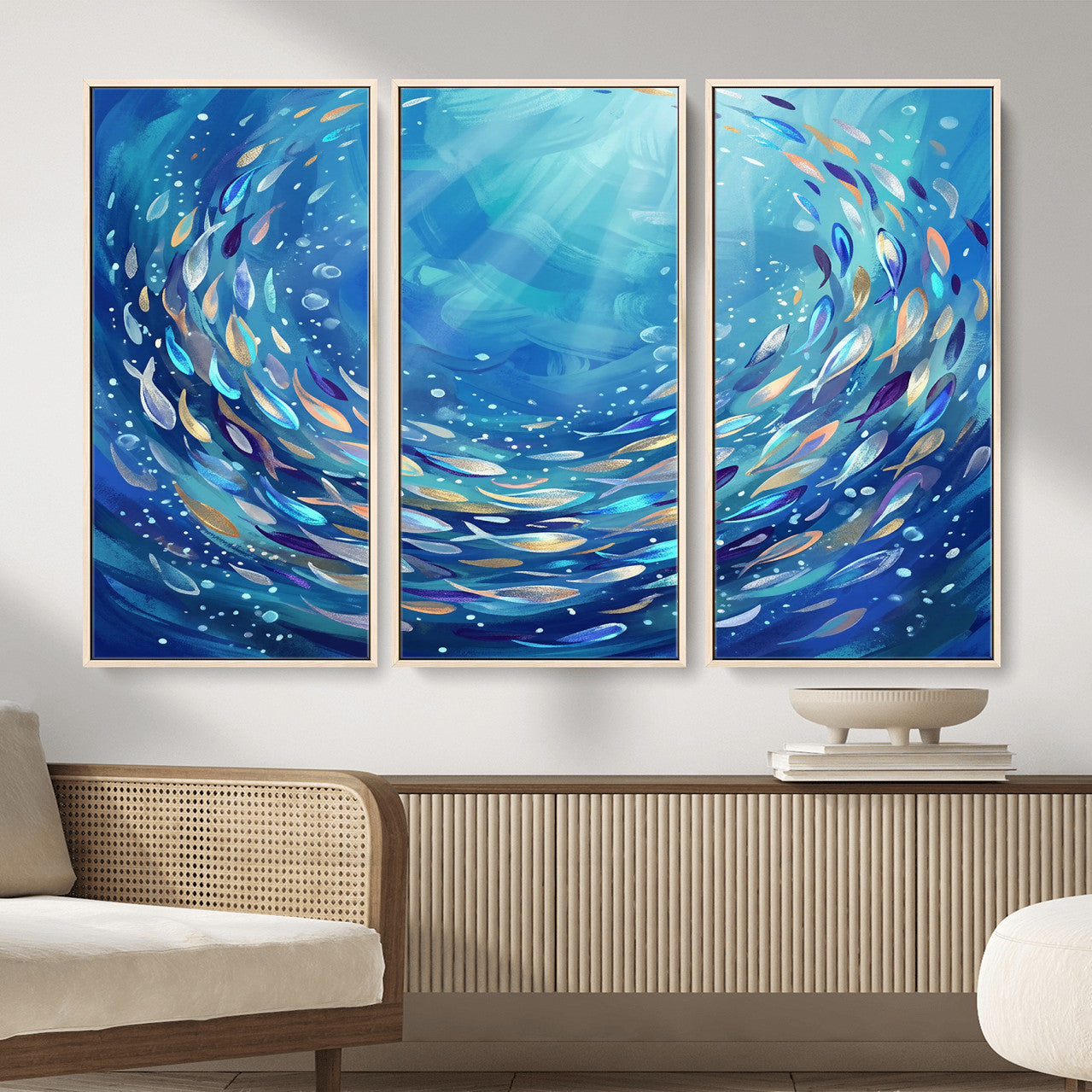 78699899-MGV-CV-36X24 - School of Fish Canvas Print | Blue Ocean Underwater Wall Art | Swirling Fish Shoal Illustration | Marine Navy Coastal Decor