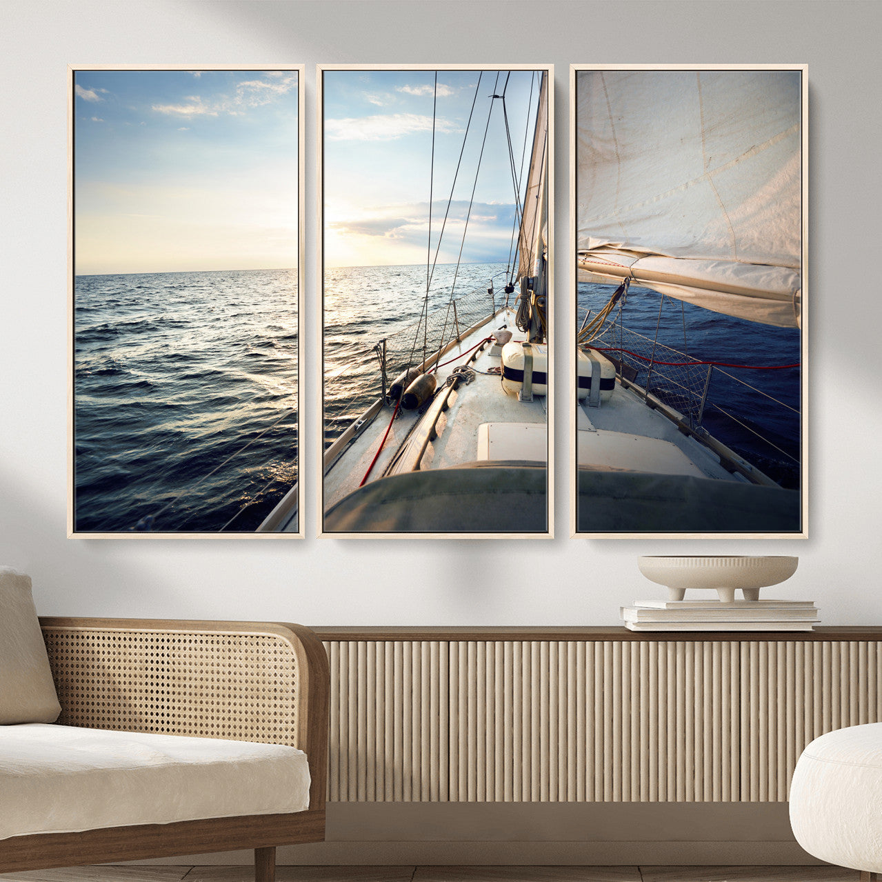 76381335-MGV-CV-36X24 - Sailboat Wall Art Canvas Print, Ocean Sunset Sailing Framed Artwork, Coastal Nautical Seascape Decor for Living Room Office Beach House