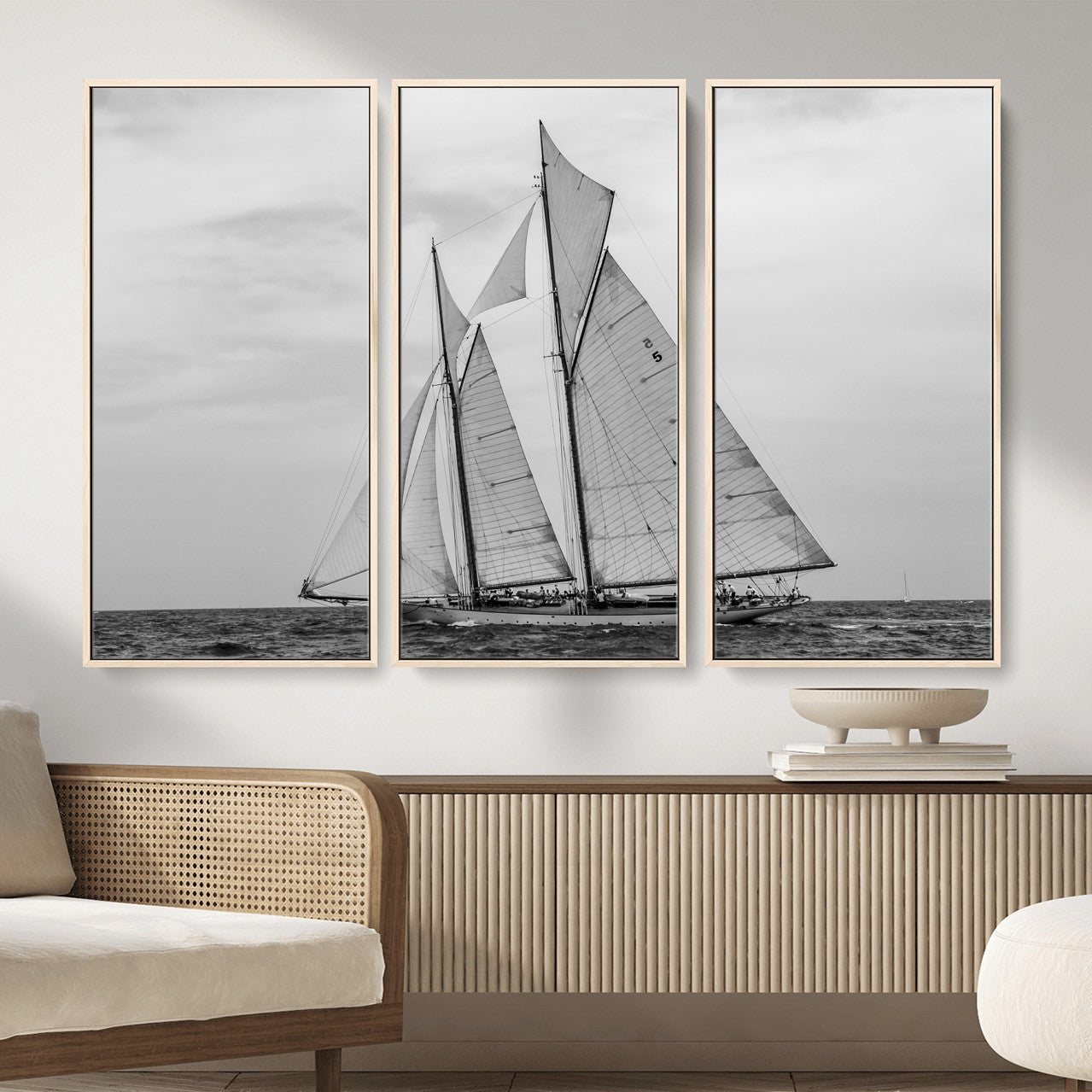 52882918-MGV-CV-36X24 - Vintage Sailboat Wall Art Canvas Print, Black and White Schooner Framed Artwork, Nautical Ocean Sailing Decor for Living Room Office Beach House