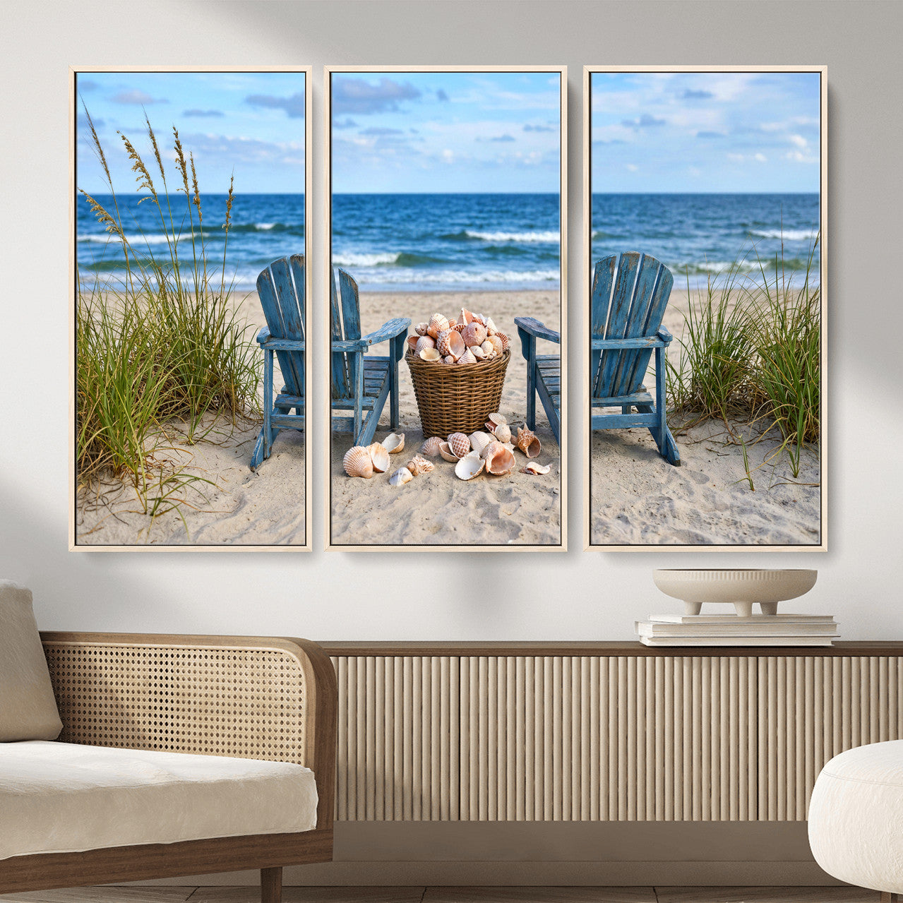 80268829-MGV-CV-36X24 - Large Beach Canvas Wall Art Coastal Adirondack Chairs Ocean Seashells Blue Nautical Framed Large for Living Room Bedroom Bathroom Decor