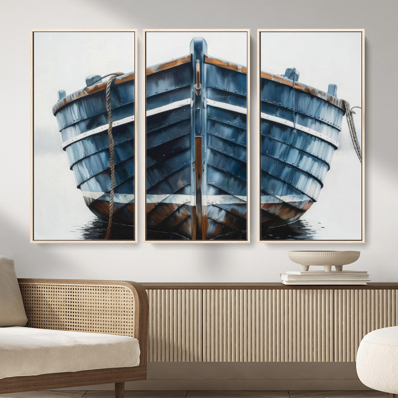 21601740-MGV-CV-36X24 - Blue Wooden Rowboat Canvas Wall Art, Coastal Nautical Boat Painting Print for Lake Beach House Decor, Minimalist Maritime Decor Artwork