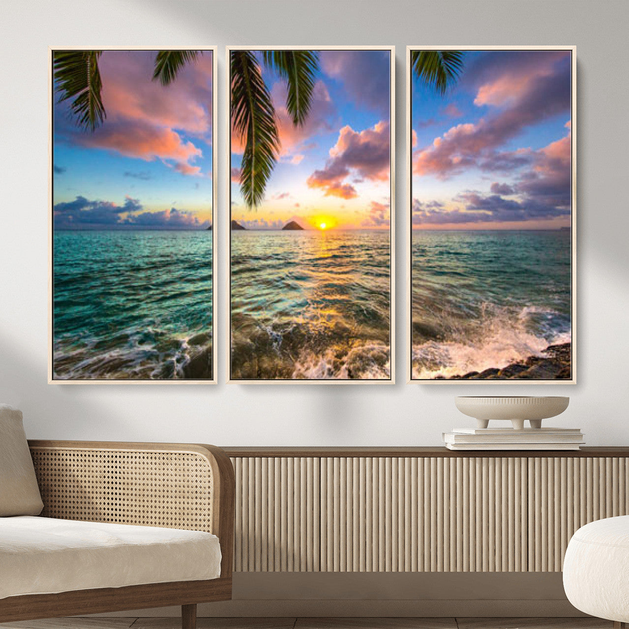 13207742-MGV-CV-36X24 - Hawaii Beach Sunset Canvas Wall Art Print, Tropical Ocean Landscape Artwork, Palm Tree Coastal Decor for Living Room Bedroom