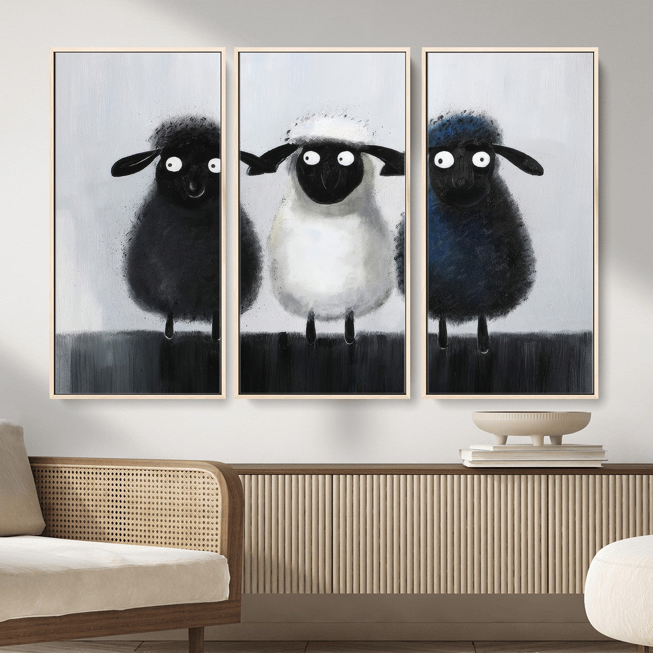 45650028-MGV-CV-36X24 - Funny Sheep Canvas Wall Art, Three Quirky Sheep Painting Print, Cute Animal Nursery Decor, Black White Navy Farmhouse Art, Kids Room Gift