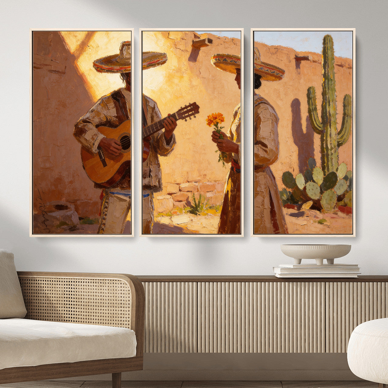 41849005-MGV-CV-36X24 - Mexican Couple Canvas Wall Art, Romantic Serenade Guitar Painting Print, Southwestern Desert Adobe Decor, Warm Golden Folk Art, Living Room Art